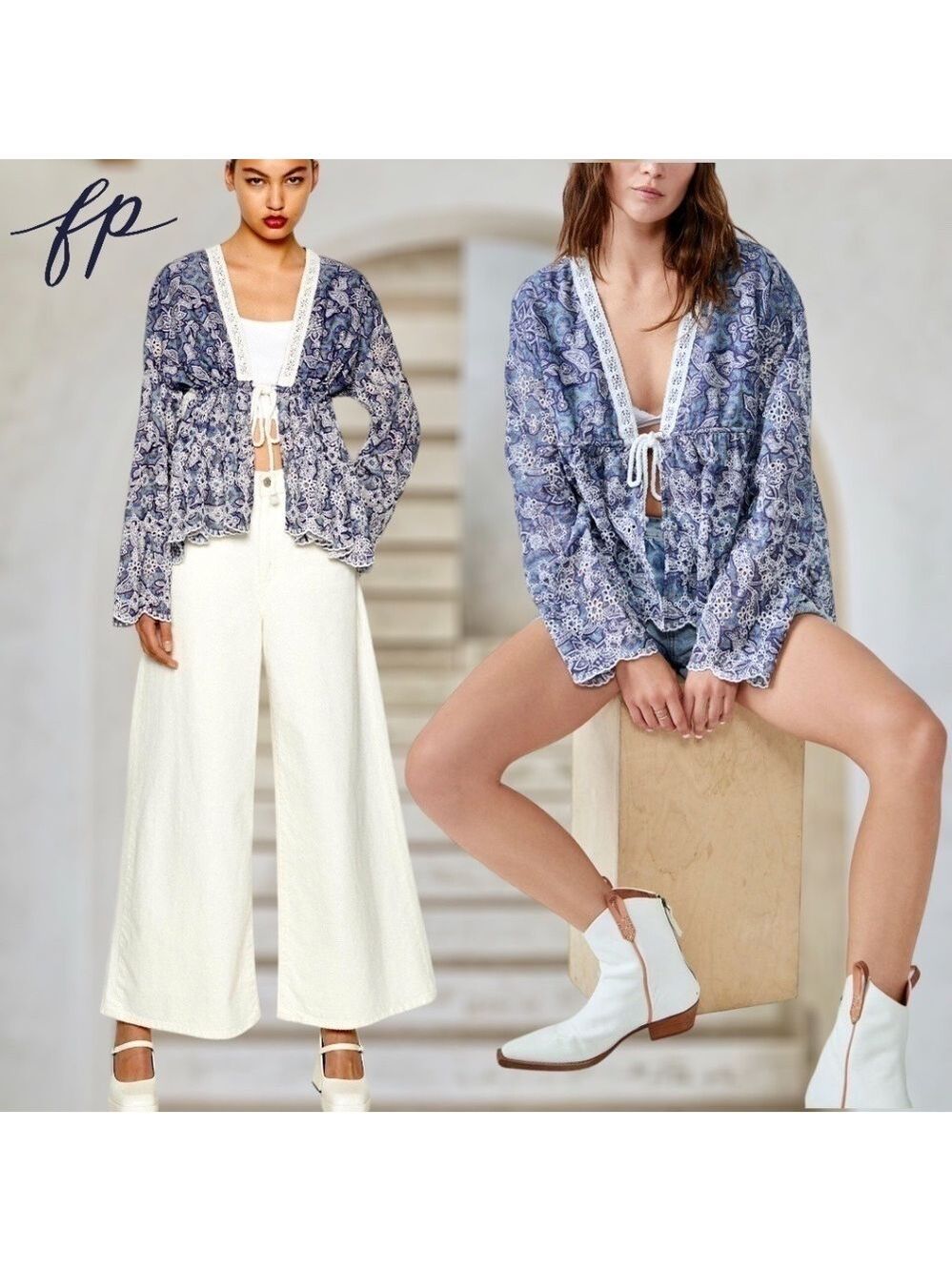 FREE PEOPLE NWT Anissa Floral-Print Eyelet/Embroidered Tie-Front Bed Jacket/Lg - Picture 9 of 14